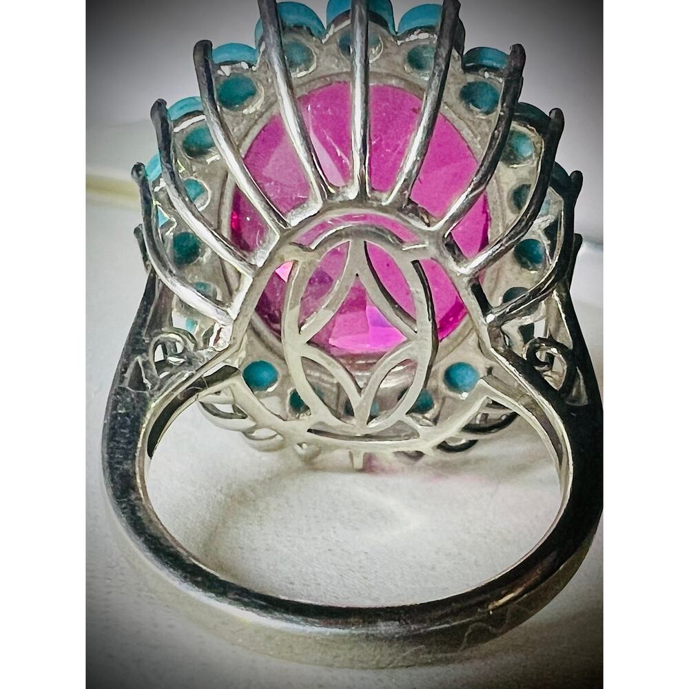 Pink Topaz & Sleeping Beauty Turquoise Halo Ring 925 Silver Sz 7 - Picture 5 of 7